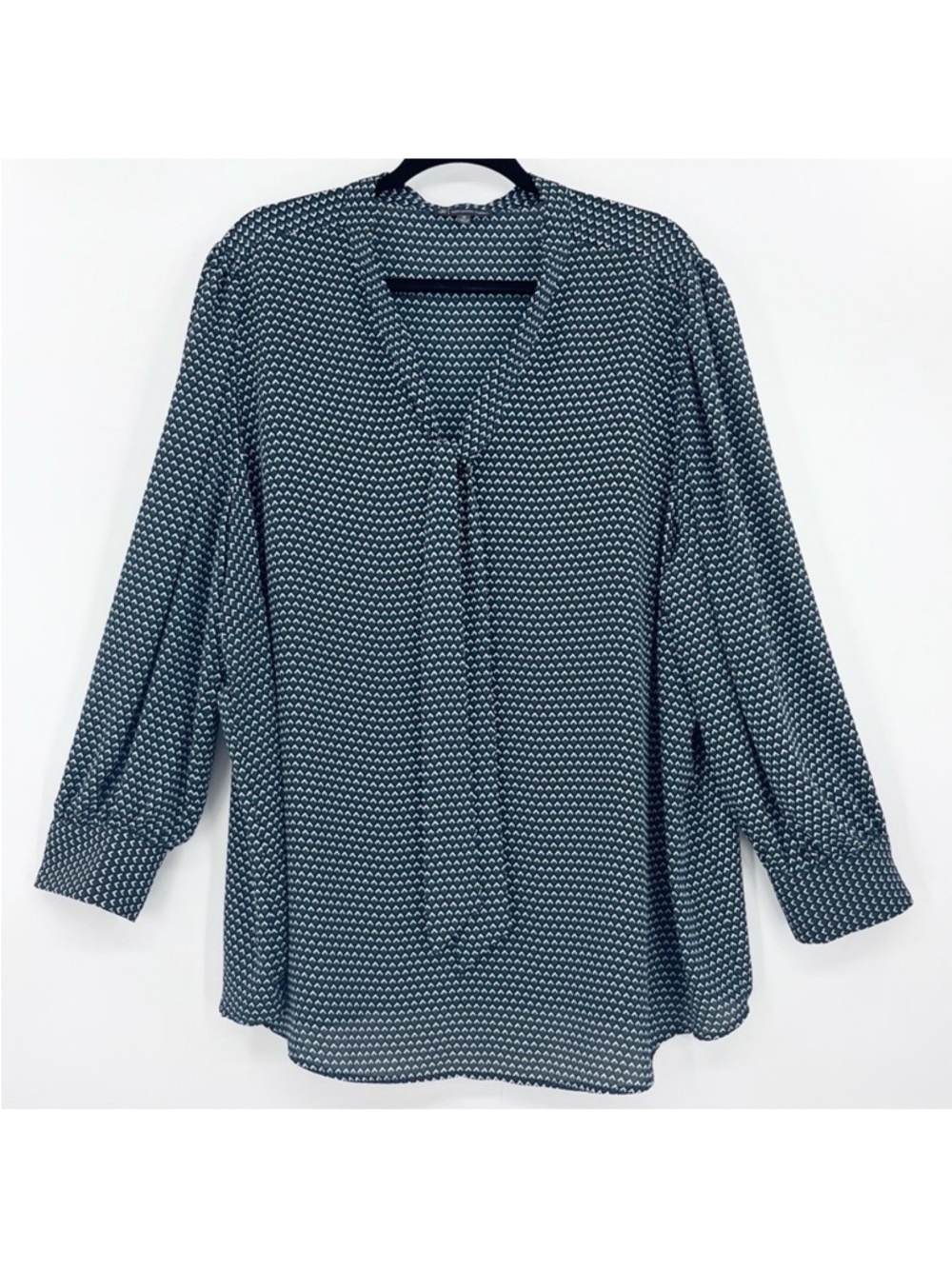Woven Pattern Navy and White V-Neck Blouse - Women's Top
